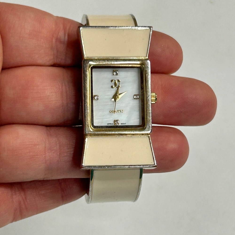 Coquette Enamel Cuff Watch Cream Gold Mother Of Pearl Dial Vintage Bangle Chic